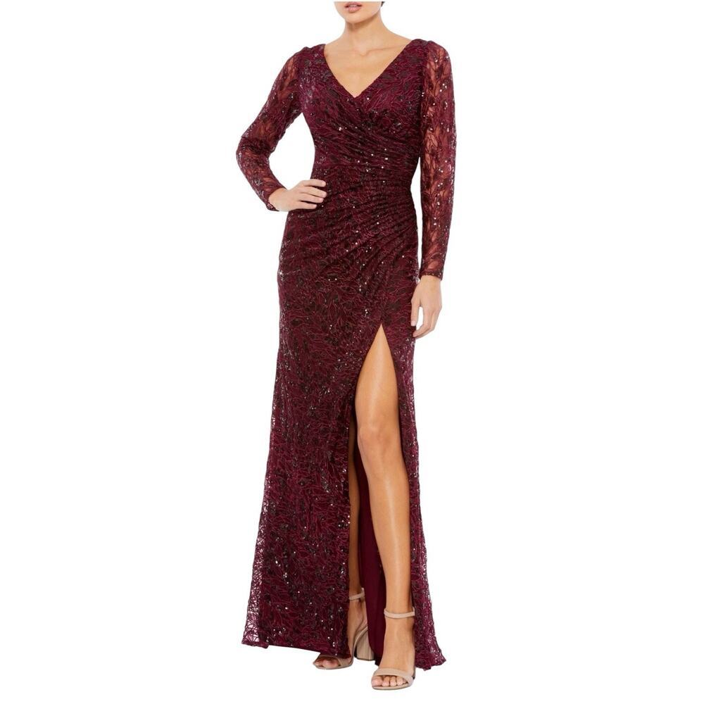 Mac Duggal 12412 Garnet Sequin Embroidered Lace Slit Gown Size 8 $698